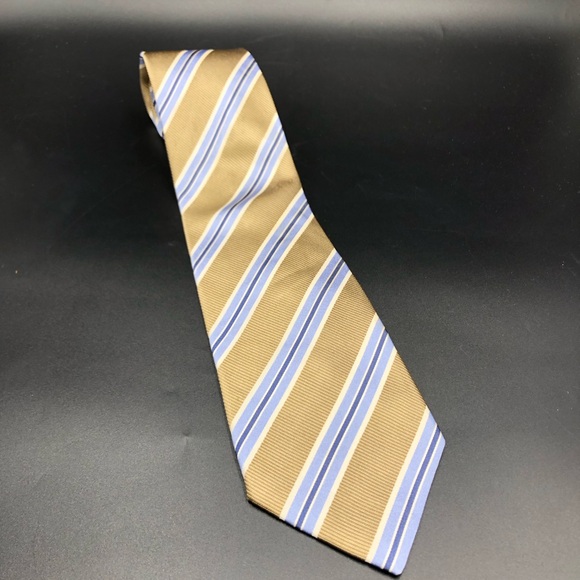 Luciano Barbera Mens Silk Tie Striped Woven Necktie Made‎ In Italy Navy Tan Blue - Picture 1 of 4